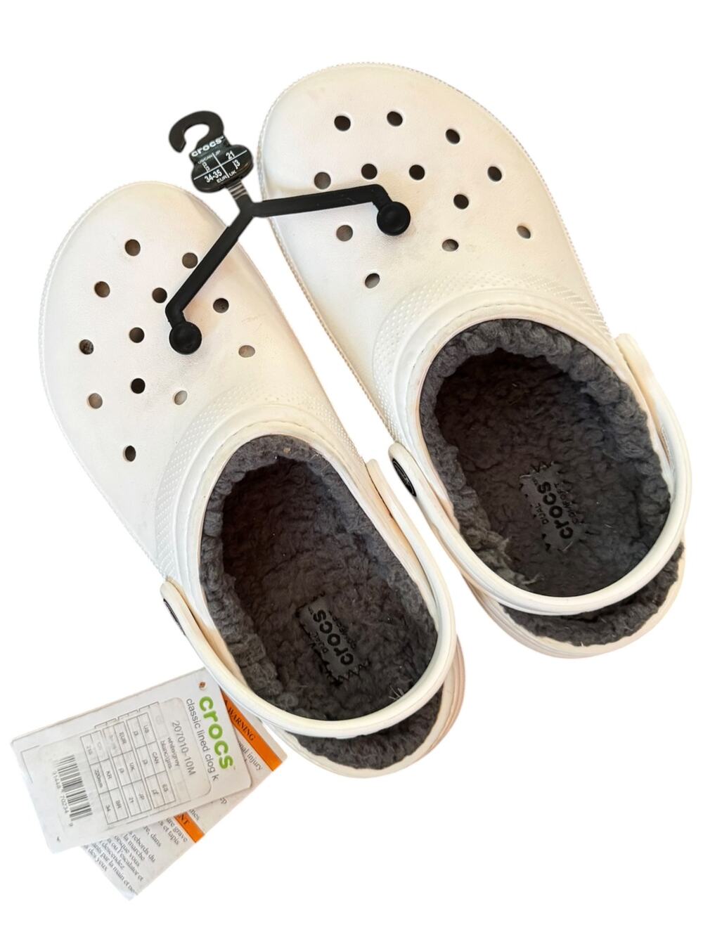 Crocs Classic Lined Clog Kids J3 White/Grey Fleece Winter Clogs NWT